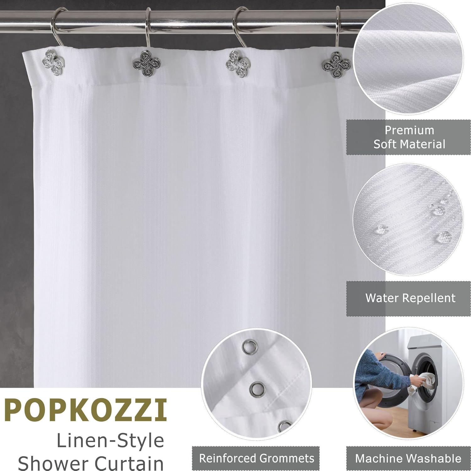 Popkozzi White Linen Textured Shower Curtain 72x72 1