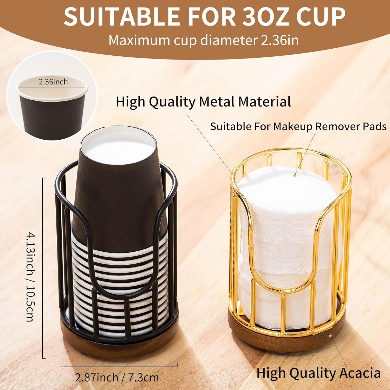 Bathroom Cup Dispenser with Acacia Wood Stand - Black