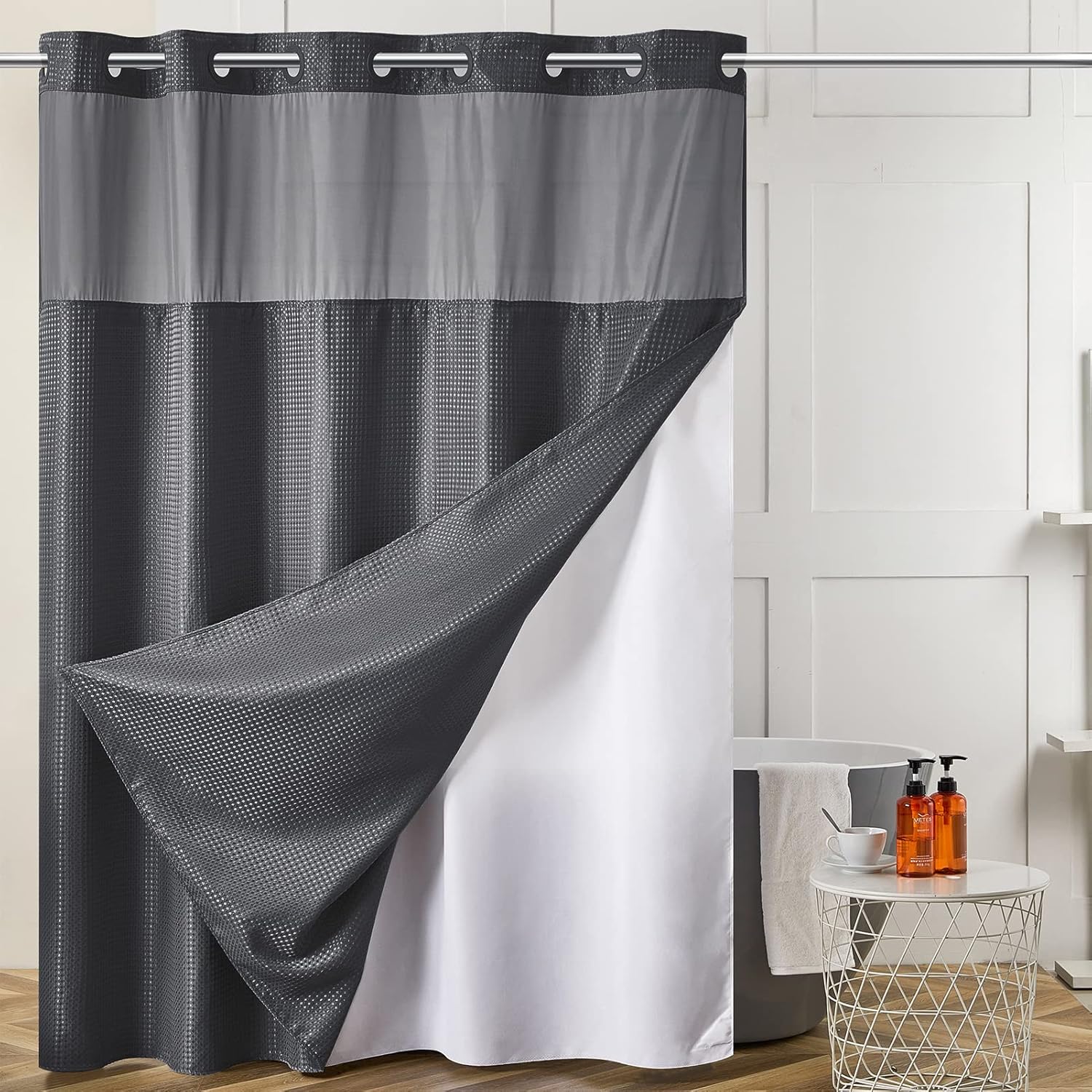 Furlinic No Hook Waffle Weave Shower Curtain Set Dark Grey 54x80 Inch