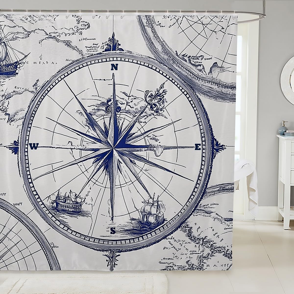 Feelyou Compass Print Shower Curtain Set 72x84
