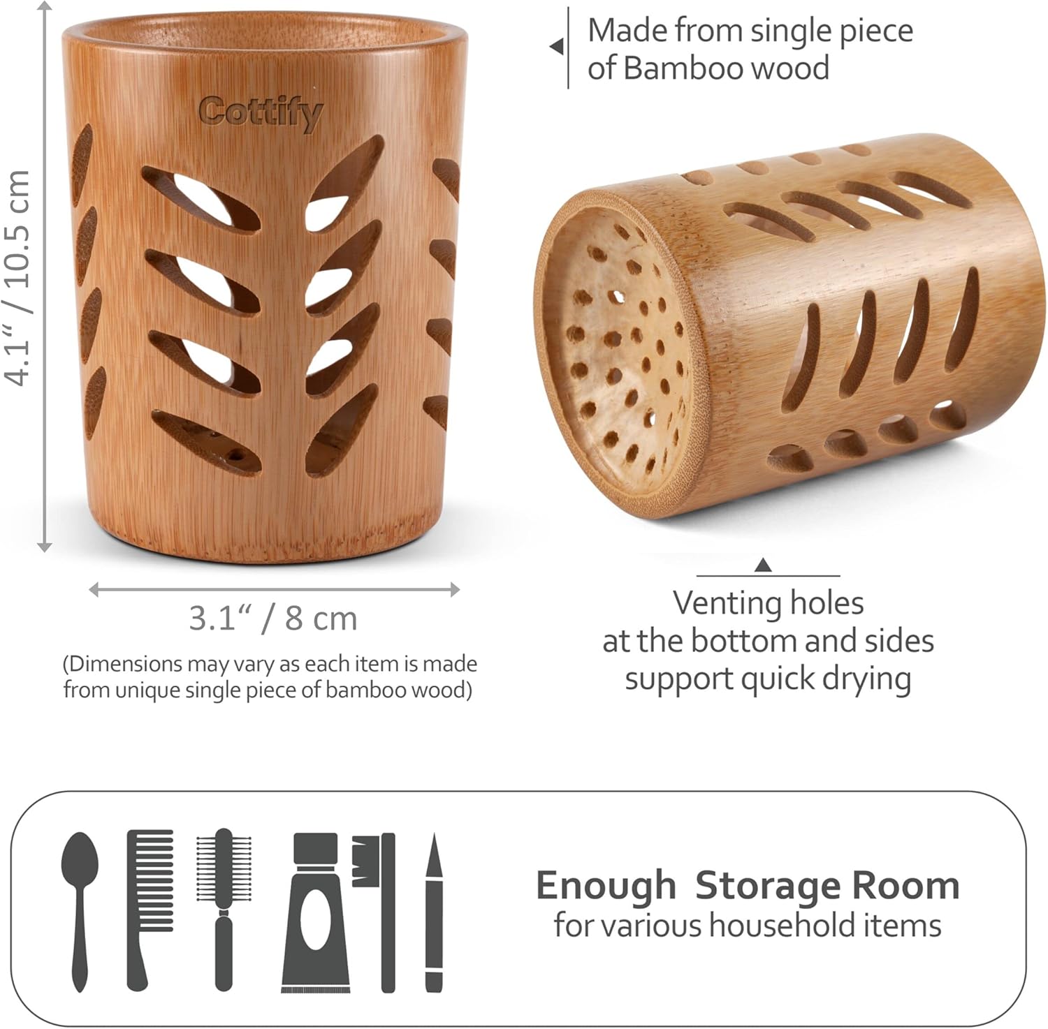 Cottify Eco-Friendly Bamboo Toothbrush Holder with Drain