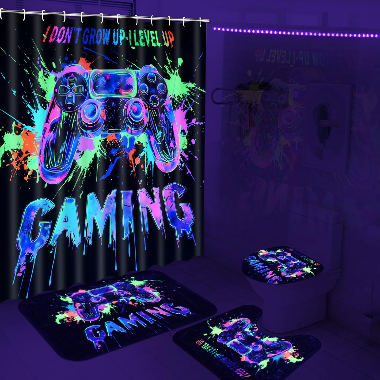 Likiyol 4 Pcs UV Reactive Blacklight Shower Curtain Set with Rugs
