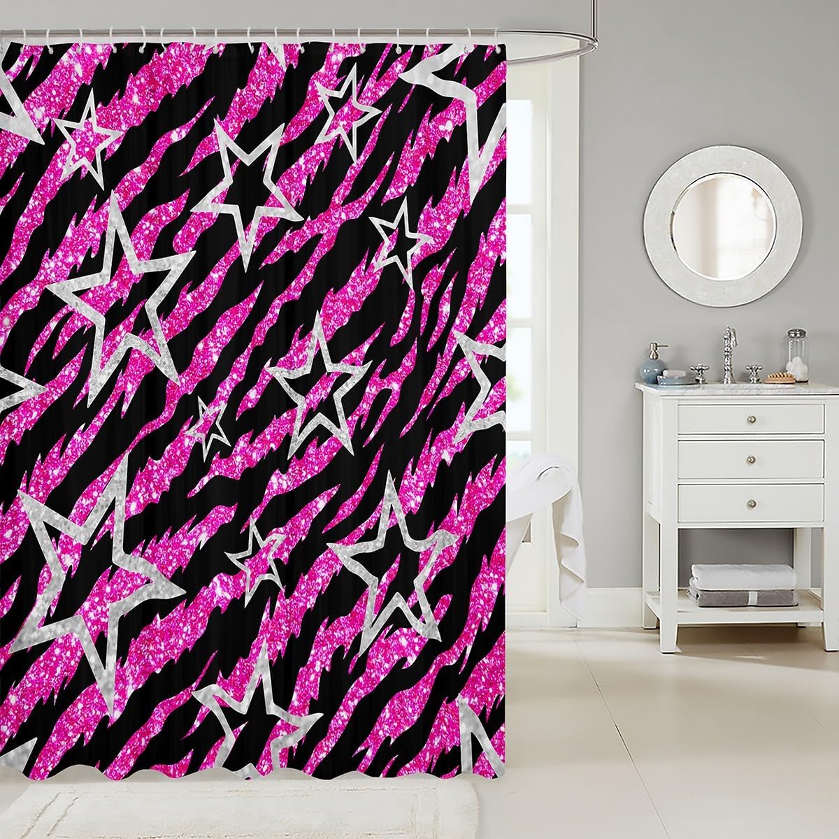 Feelyou Kids Pink Gitter Zebra Shower Curtain Set