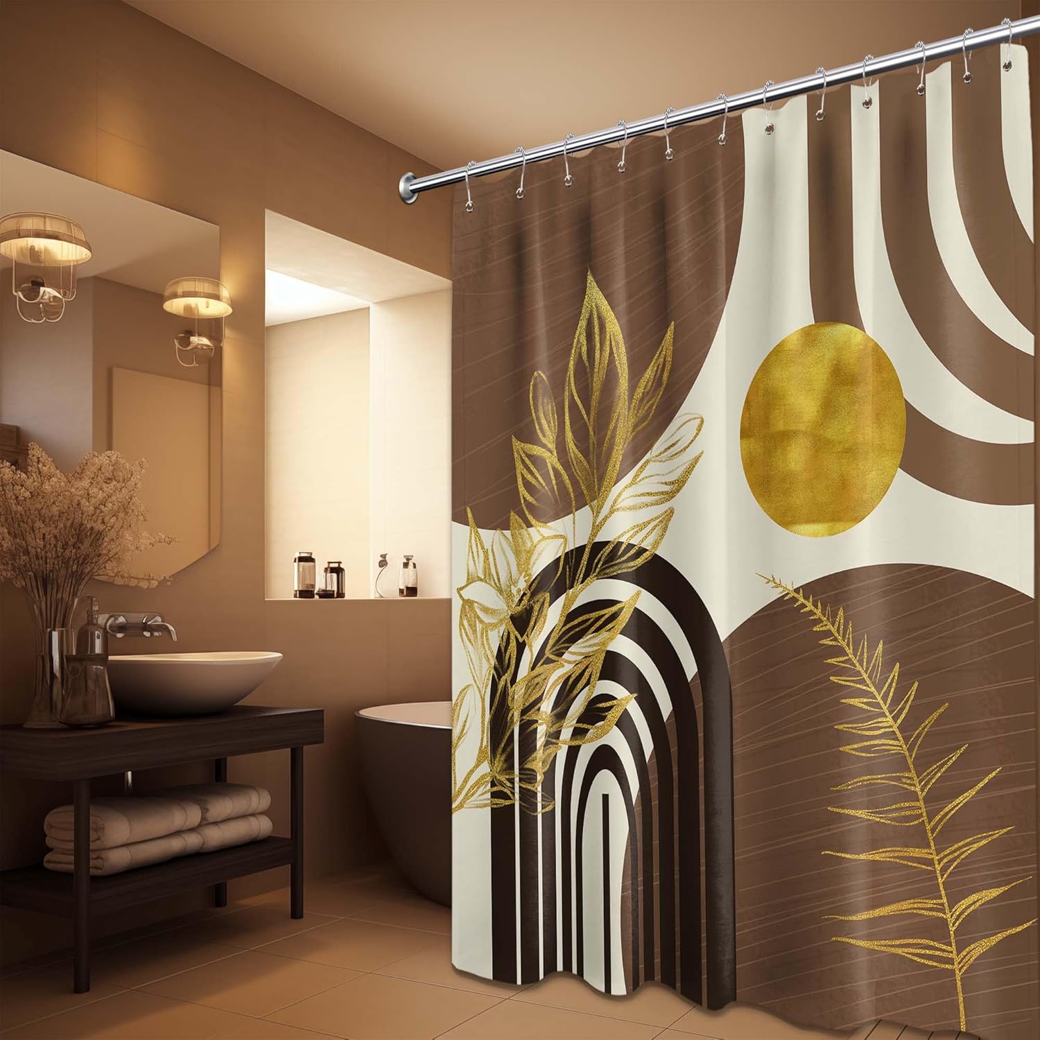 Boho MCM Shower Curtain Set Black Brown Beige 72x84 Waterproof