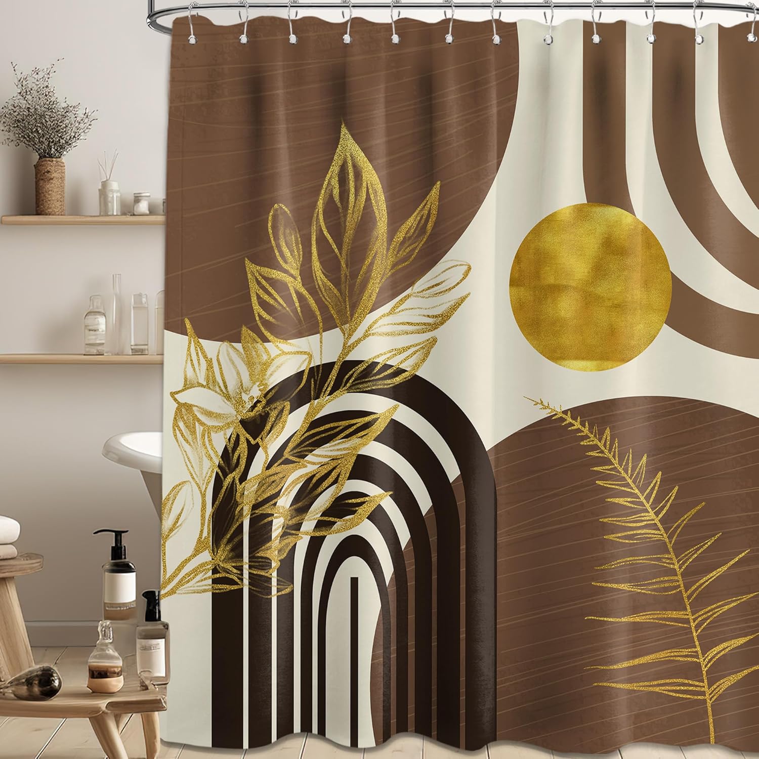 Boho MCM Shower Curtain Set Black Brown Beige 72x84 Waterproof