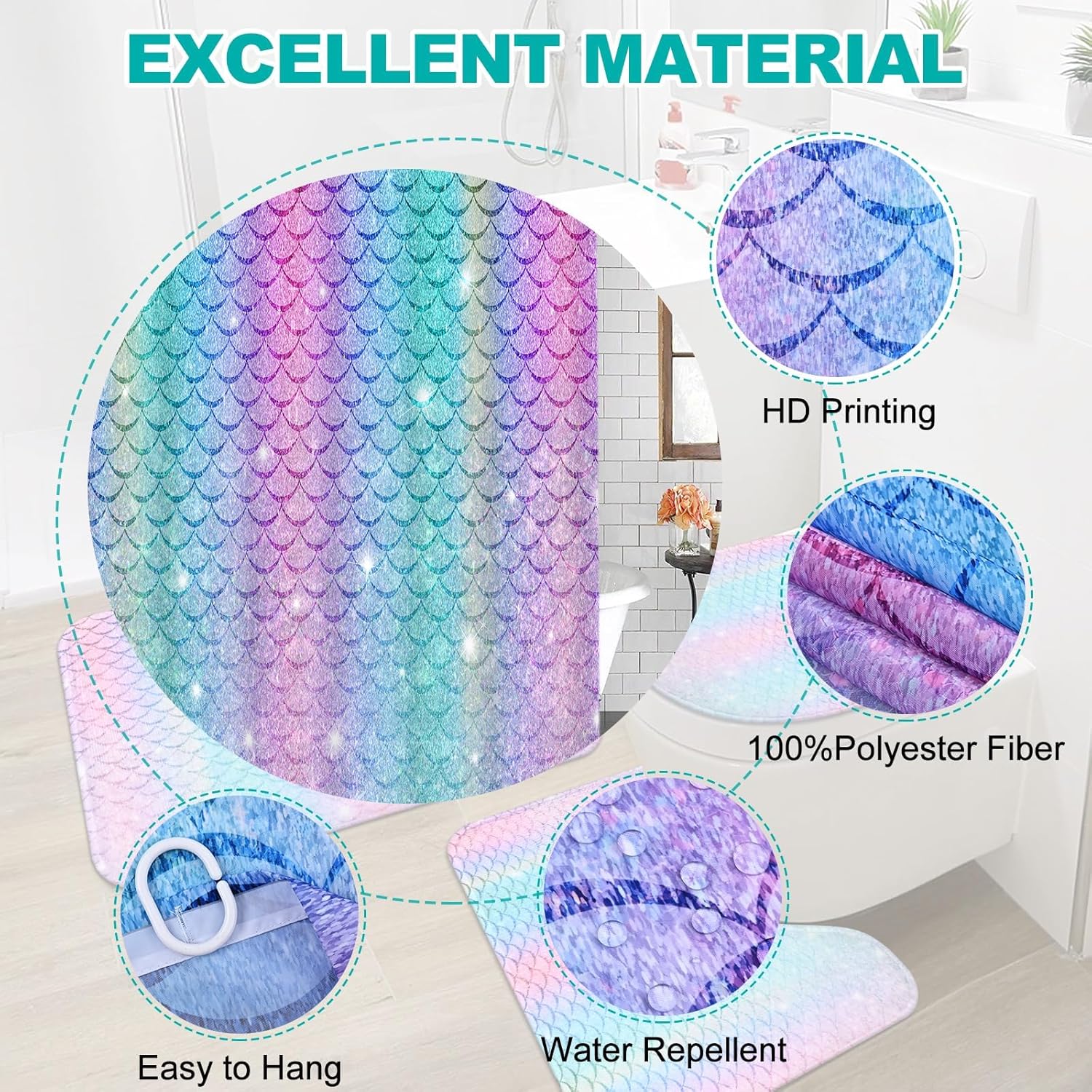 Alishomtll 7 Pcs Mermaid Kids Shower Curtain Set with Rugs and Towels