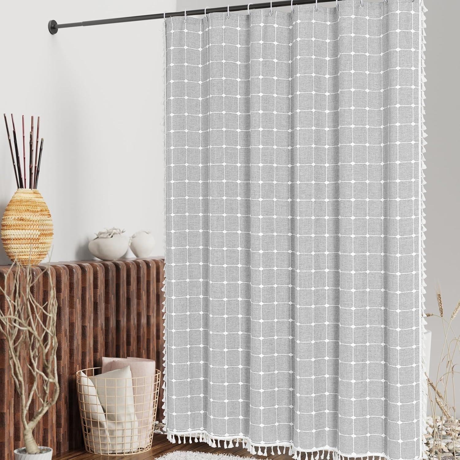 MitoVilla Grey Boho Narrow Shower Curtain Set