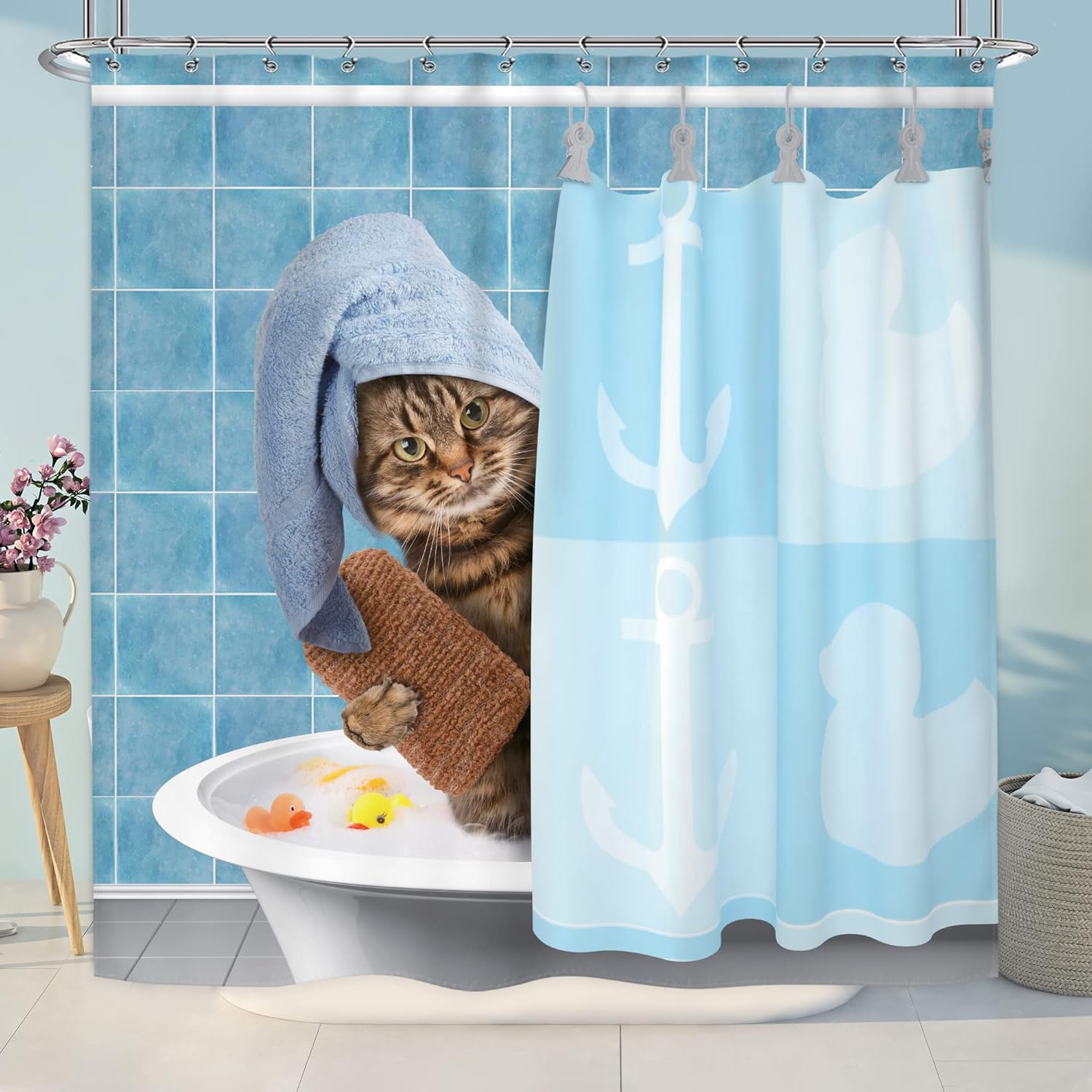Riyidecor Funny Cat Shower Curtain Set