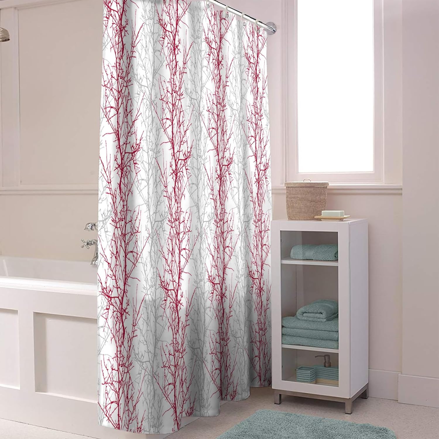 72 Inch Rose Red and Grey Shower Curtain Set with 12 Hooks