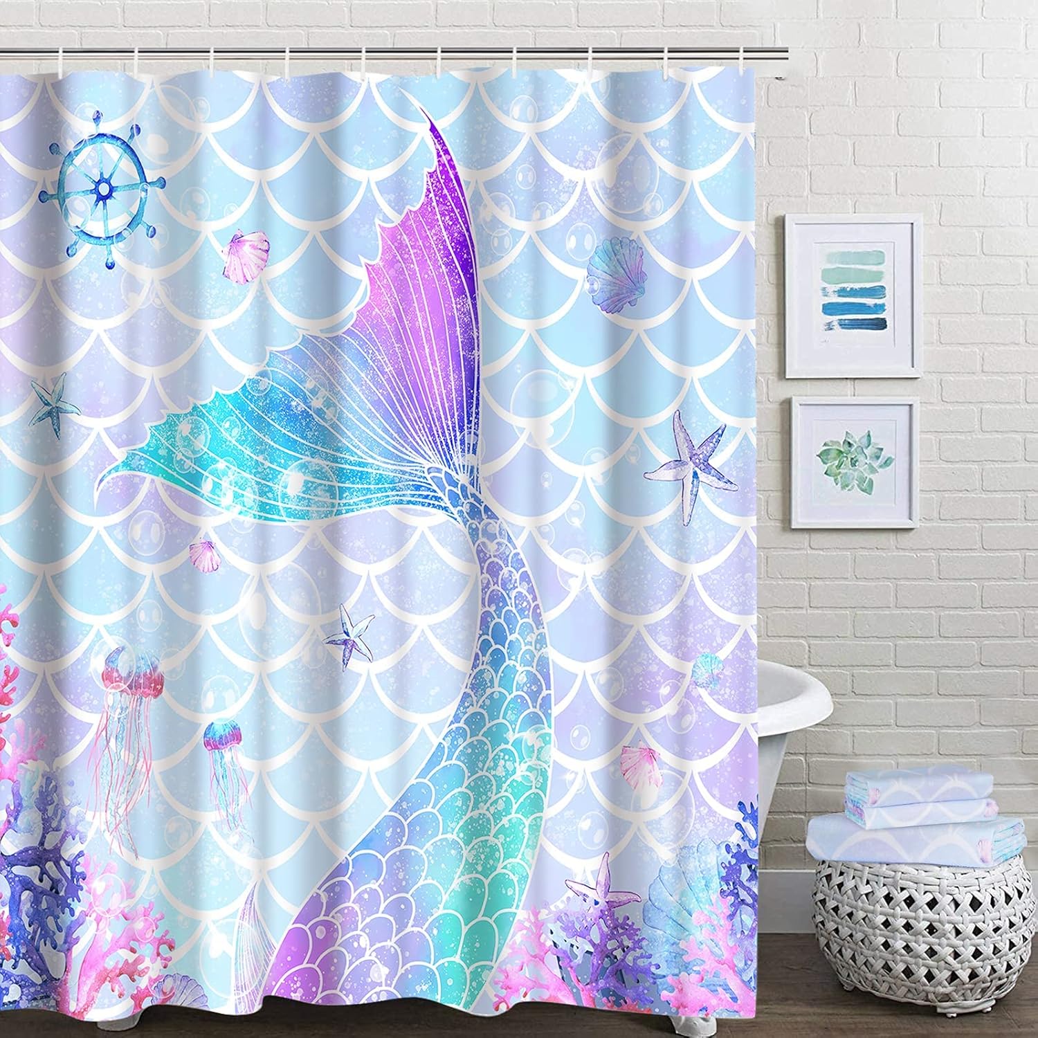 Ikfashoni 7 Piece Mermaid Bath Set with Rugs and Towels Large