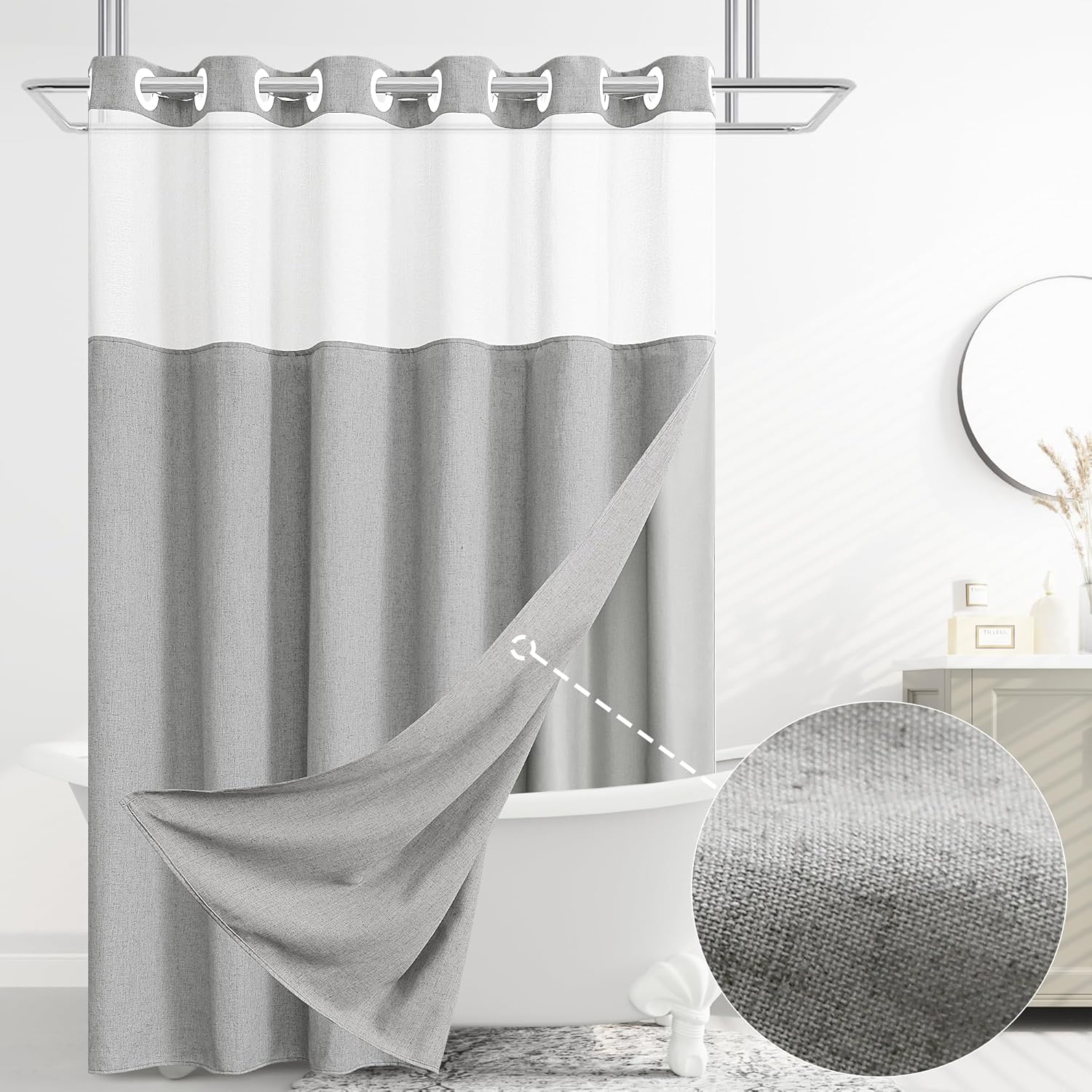 No Hooks Linen Shower Curtain Set Light Grey