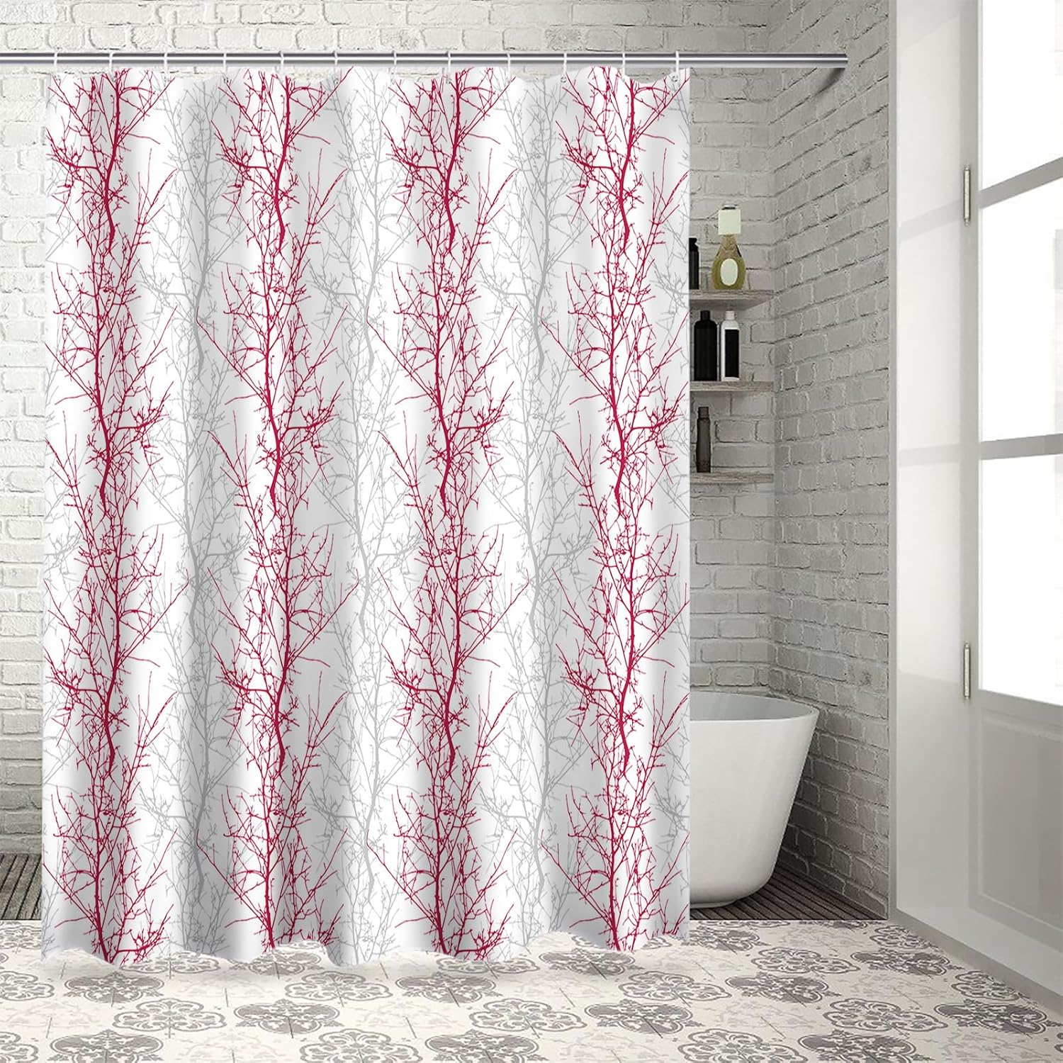 72 Inch Rose Red and Grey Shower Curtain Set with 12 Hooks