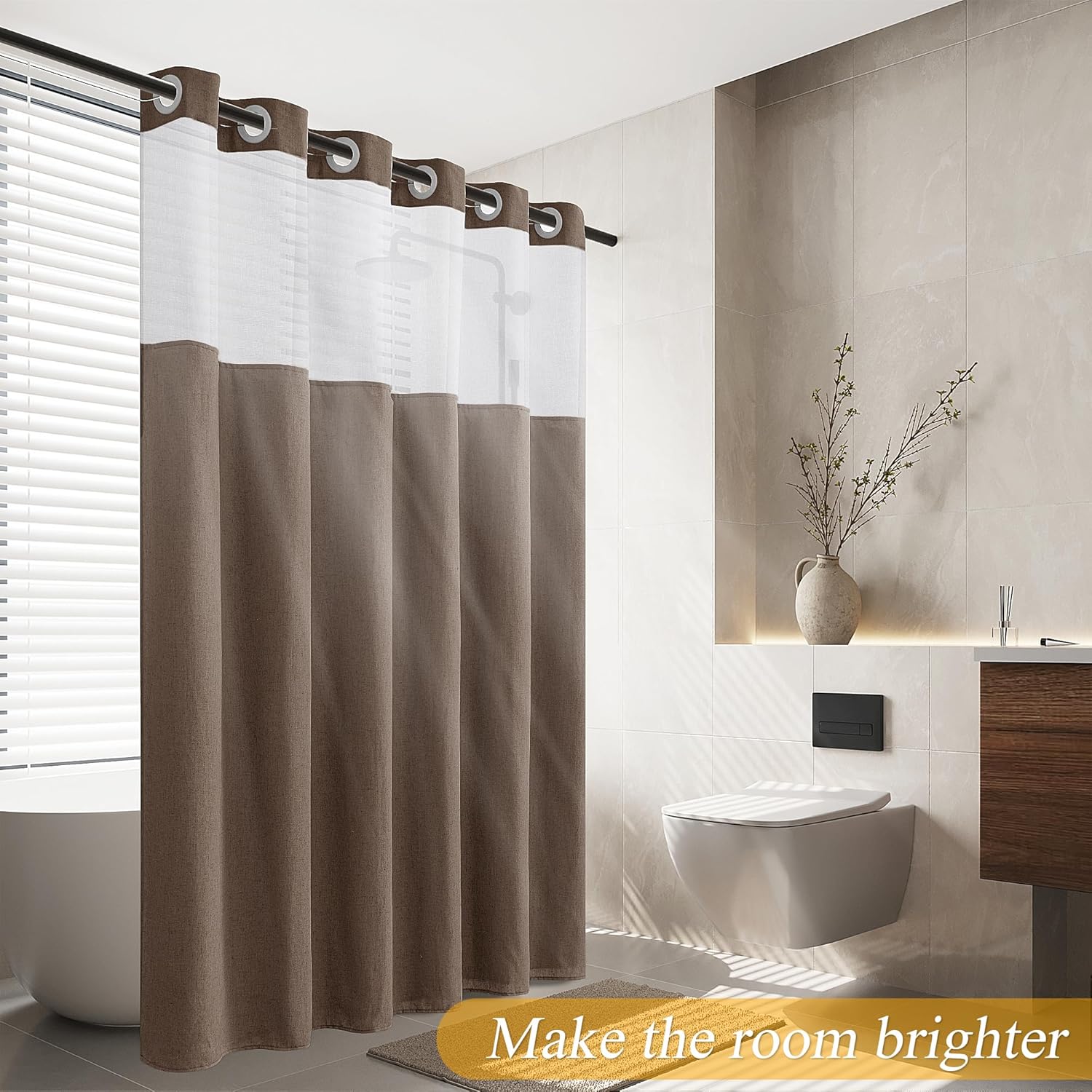 No Hooks Linen Shower Curtain Set Tan