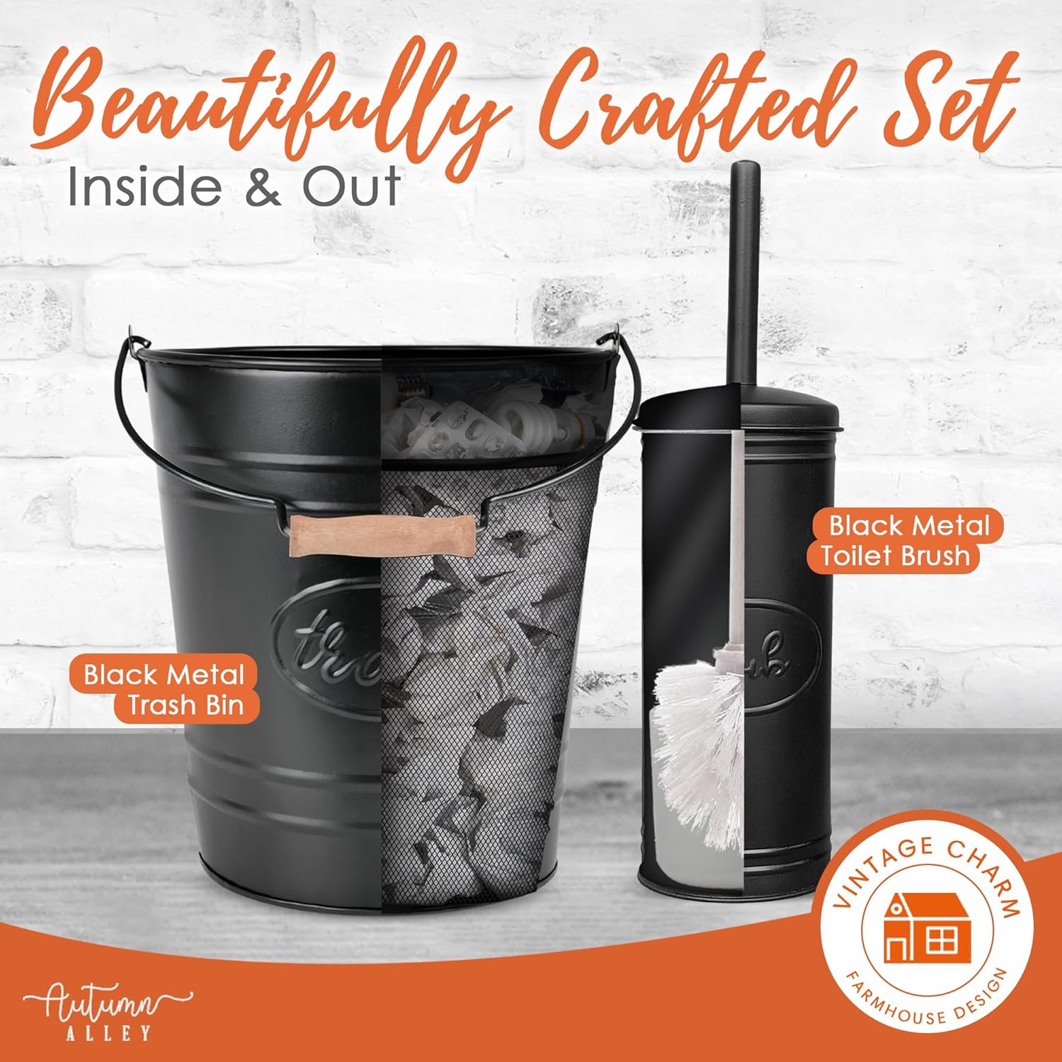 Autumn Alley Farmhouse Trash Can and Toilet Brush Set - Black 1