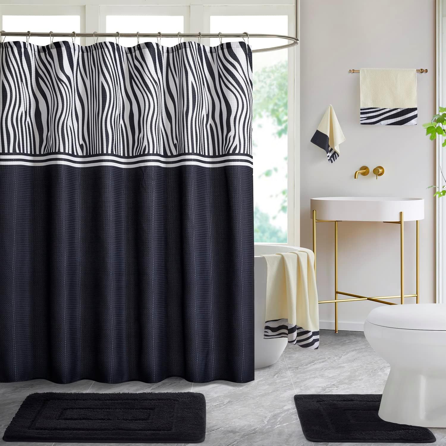 WPM White Zebra Bathroom Rug Set with Shower Curtain and Towels