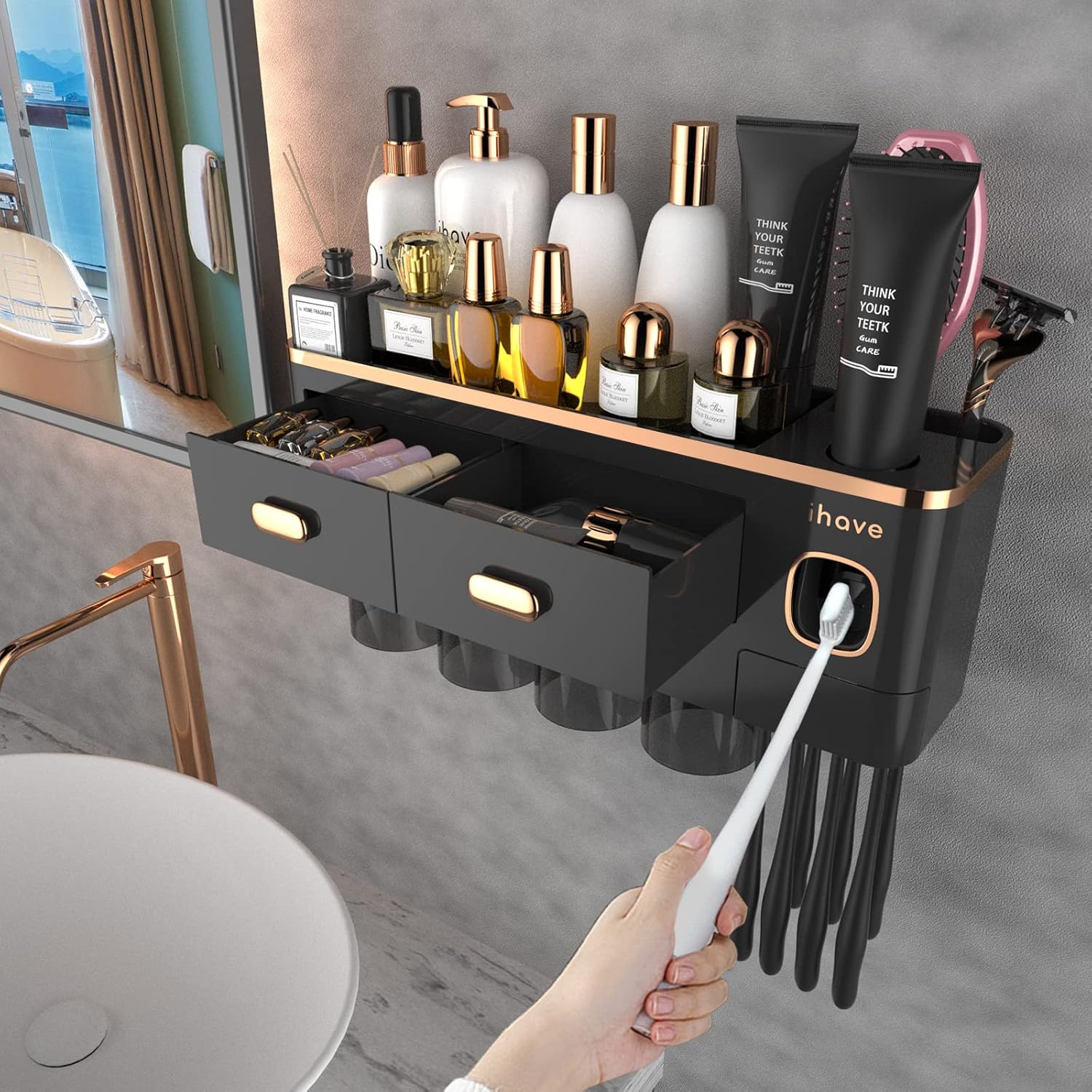 iHave Toothbrush Holder with Toothpaste Dispenser and Cosmetic Drawers