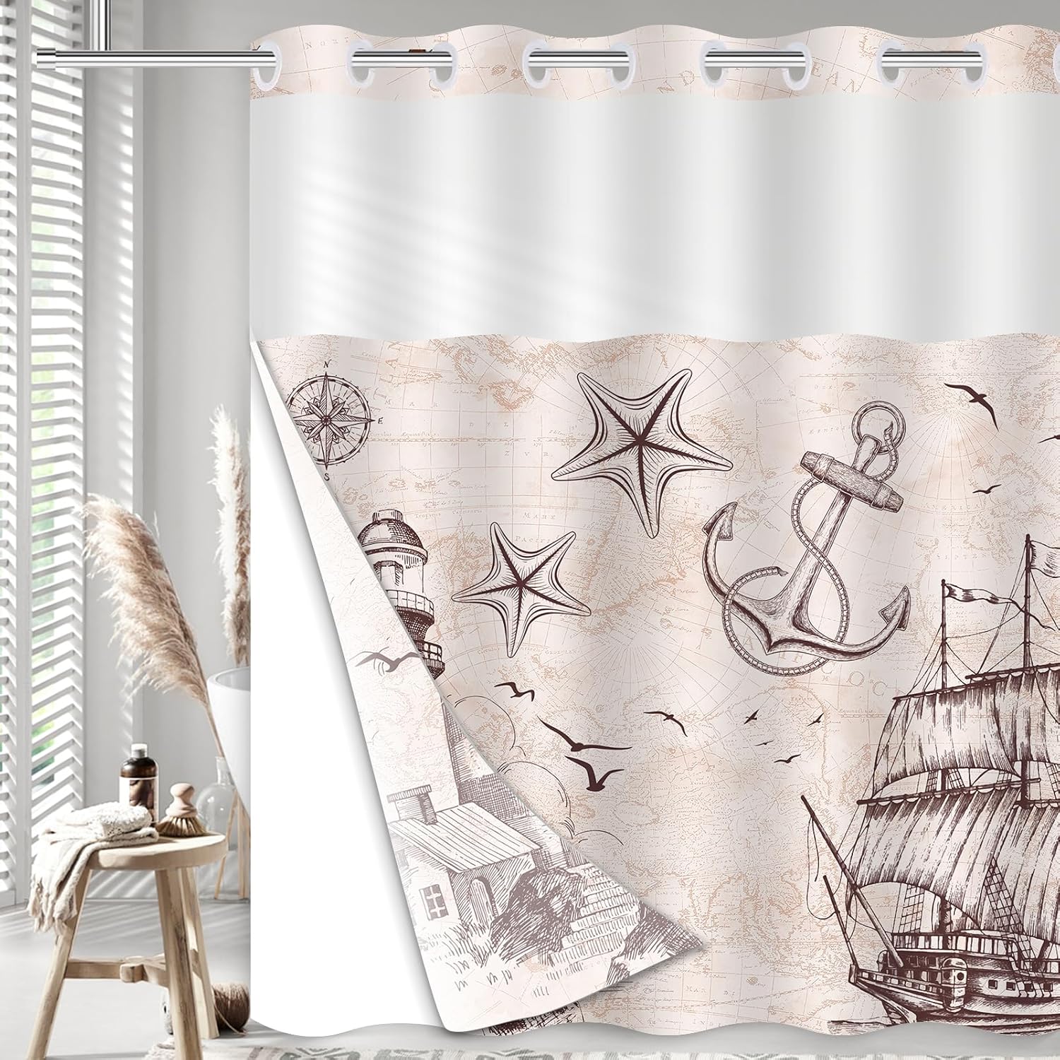 Uhexoyo Ocean Themed Nautical Lighthouse Shower Curtain 71x74in Hookless Double Lining
