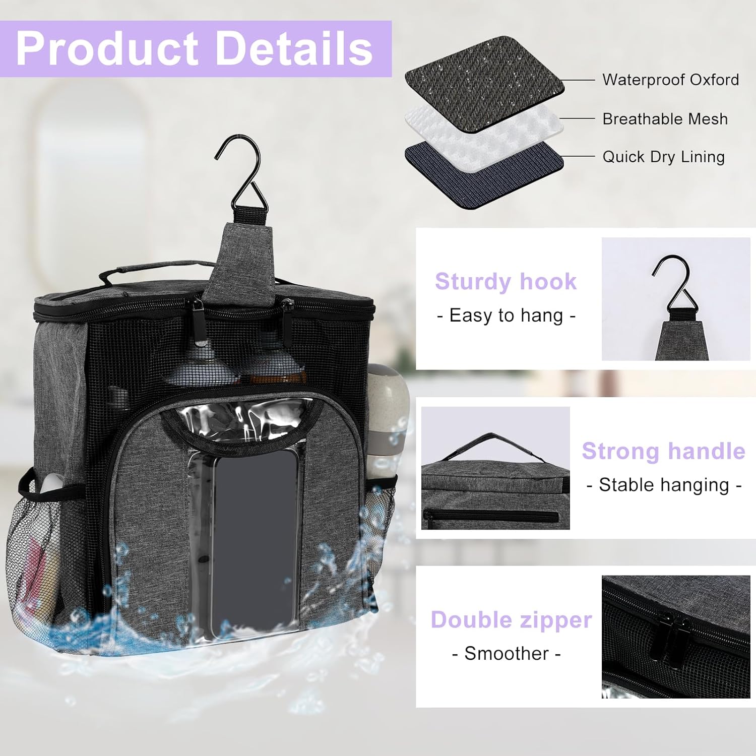 Portable Shower Caddy for Dorm Bathroom and Travel - Grey