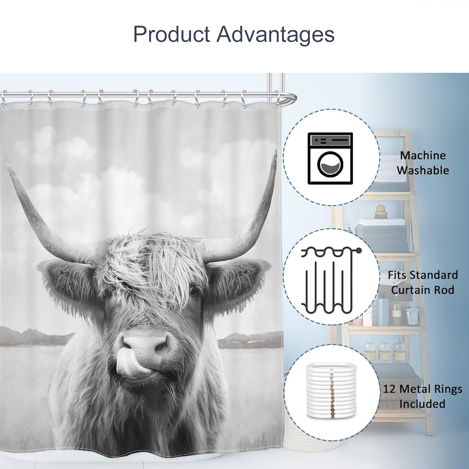 AMBZEK Farmhouse Highland Cow Shower Curtain Set 1