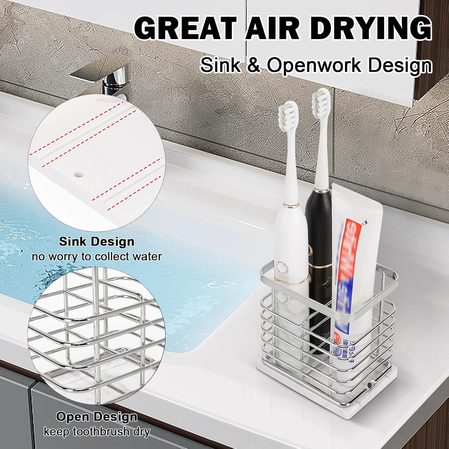 HarJue Toothbrush Holder with Marble Base and Chrome Frame 1
