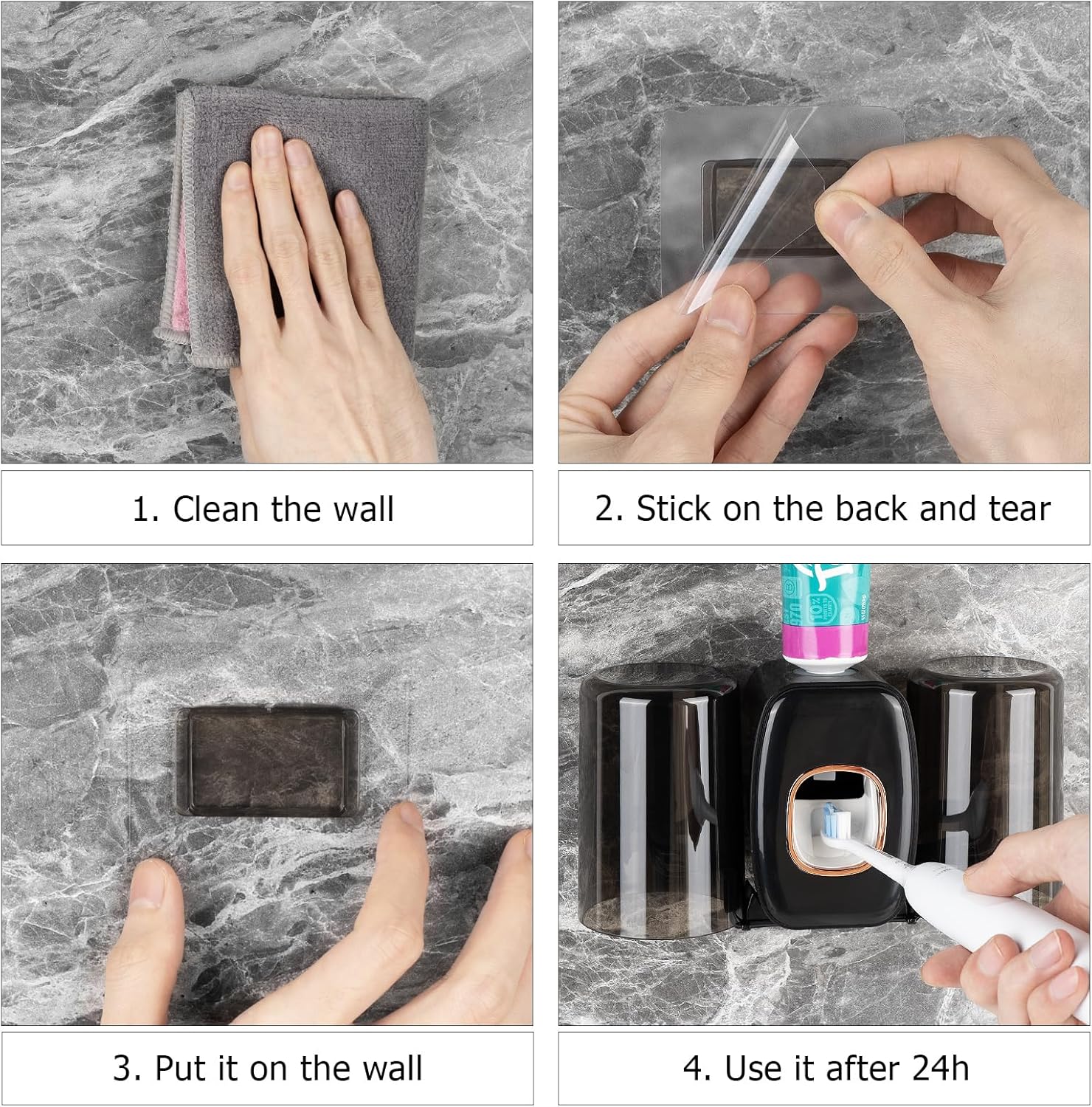 LUEXBOX 4 Slots Wall Mounted Toothbrush Holder with Cover - Black