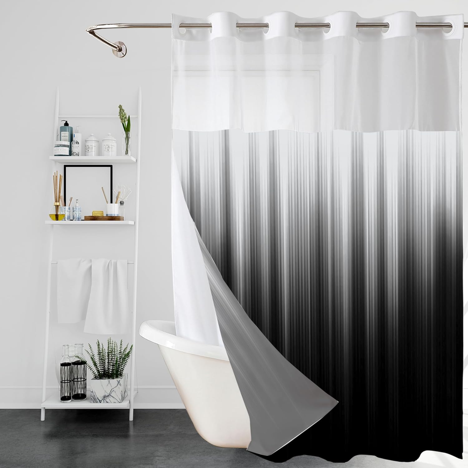 QeHoelyfe Ombre Black Shower Curtain with Snap Liner
