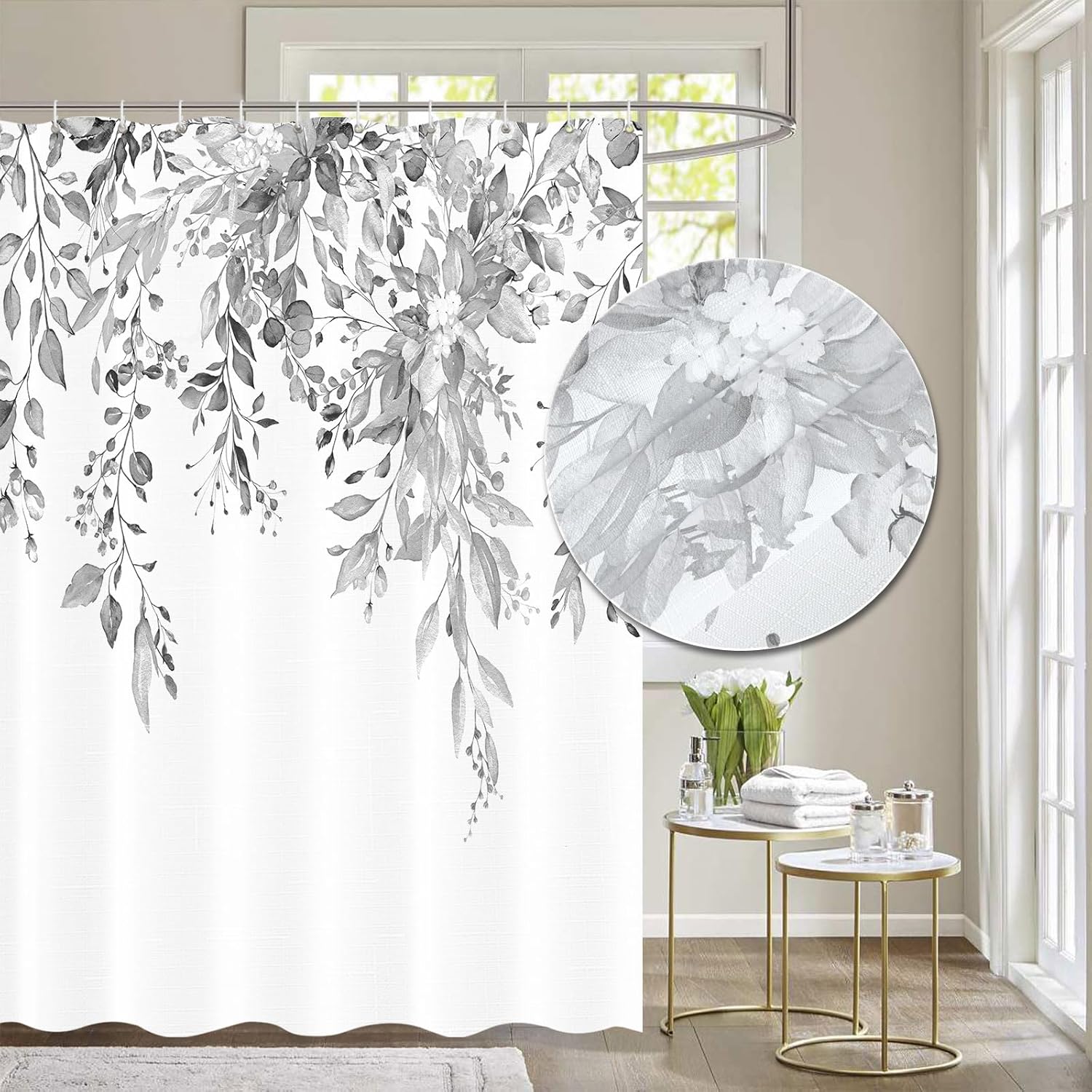 Tititex Grey Leaves Faux Linen Shower Curtain Set 72x72 with Hooks 1