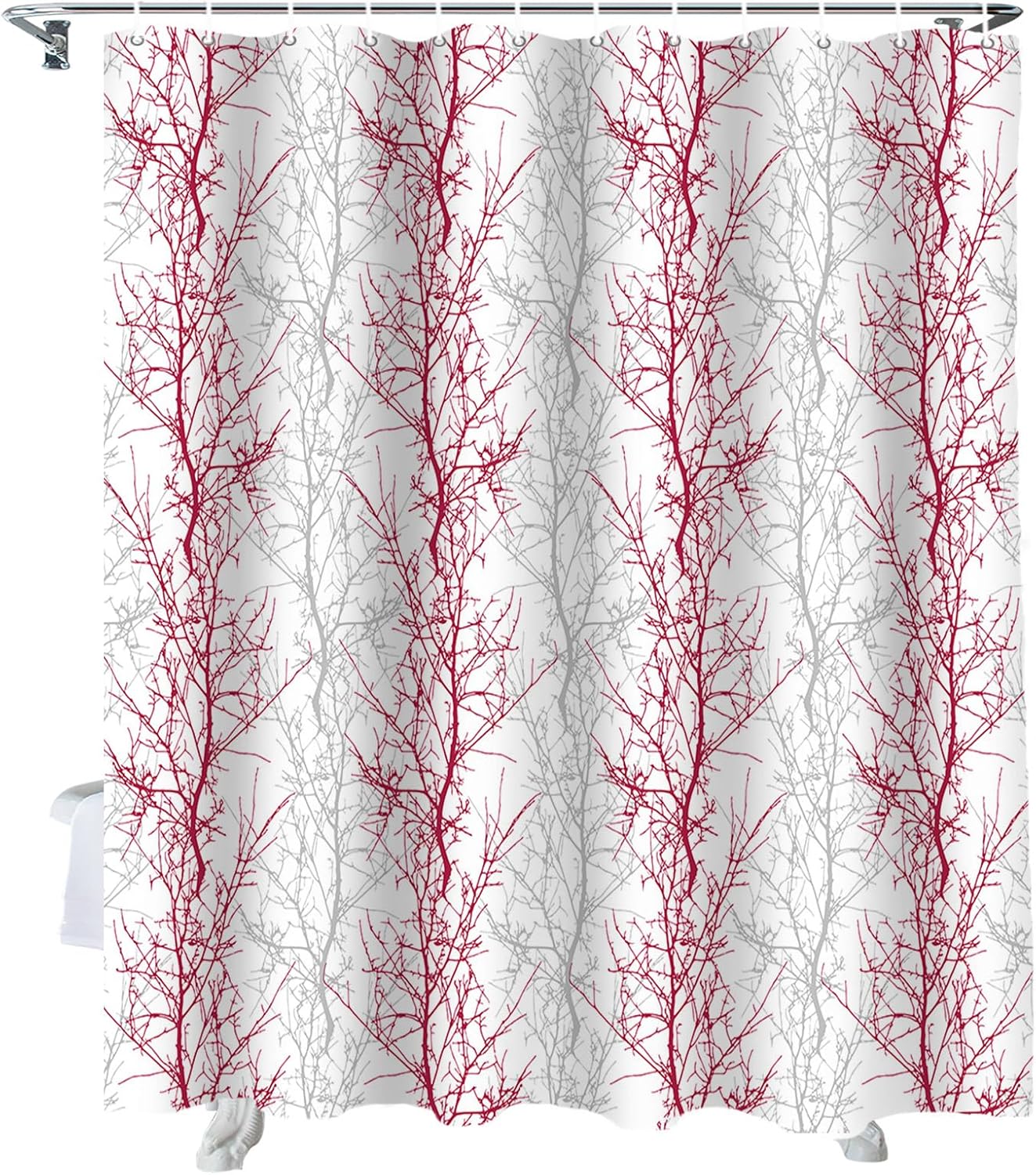 72 Inch Rose Red and Grey Shower Curtain Set with 12 Hooks