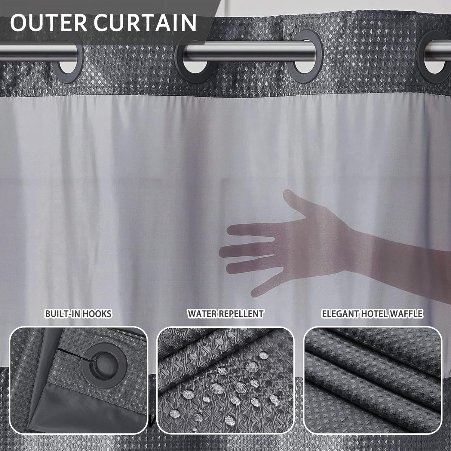 Furlinic No Hook Waffle Weave Shower Curtain Set Dark Grey 54x80 Inch