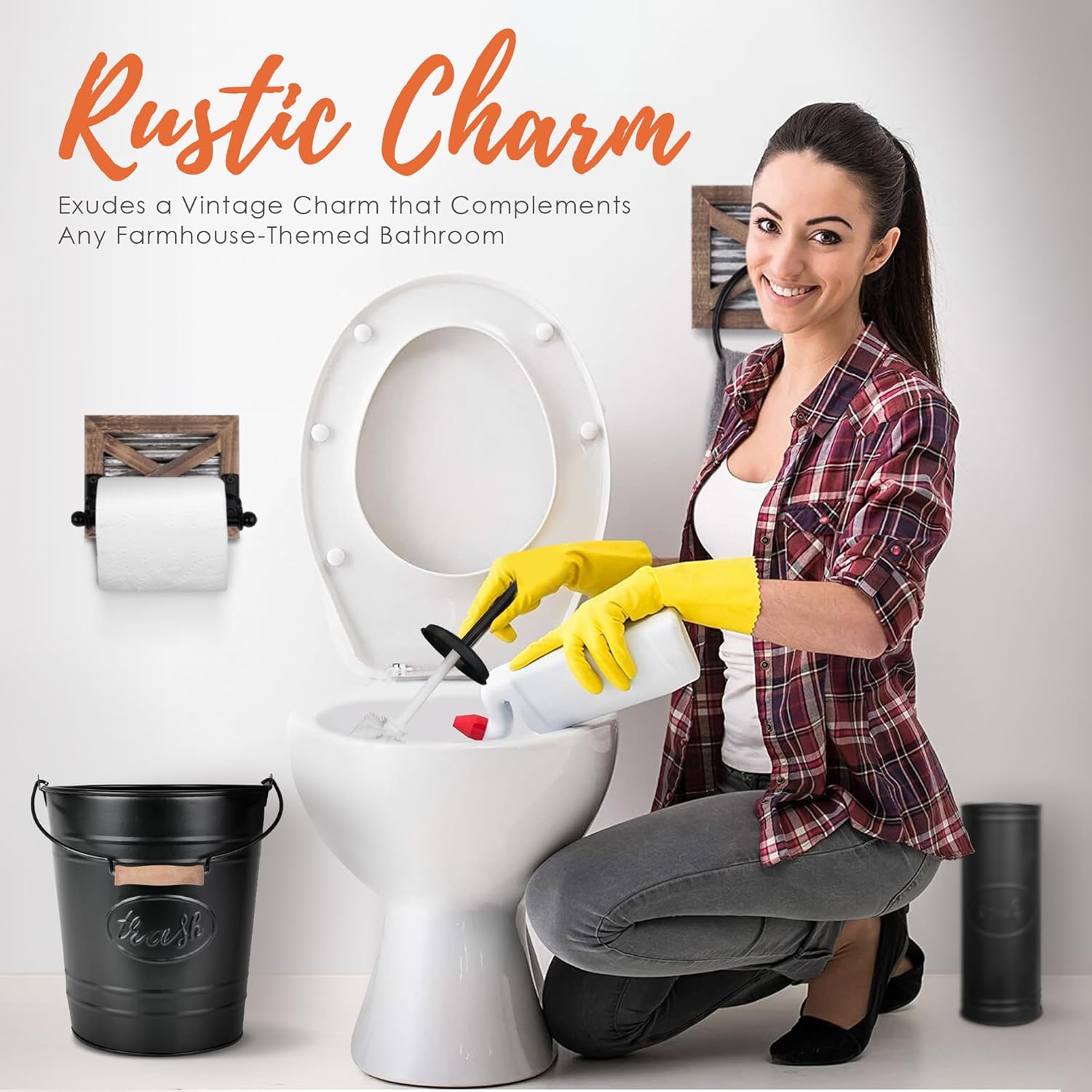 Autumn Alley Farmhouse Trash Can and Toilet Brush Set - Black 1