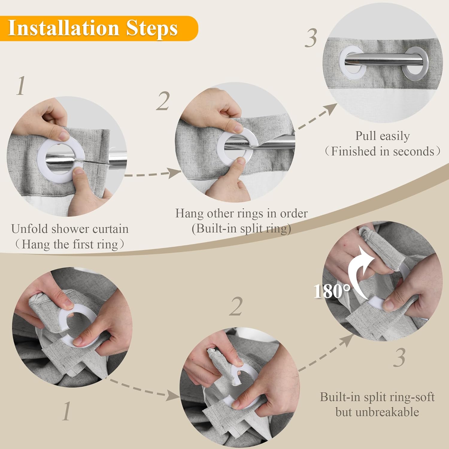No Hooks Linen Shower Curtain Set Light Grey