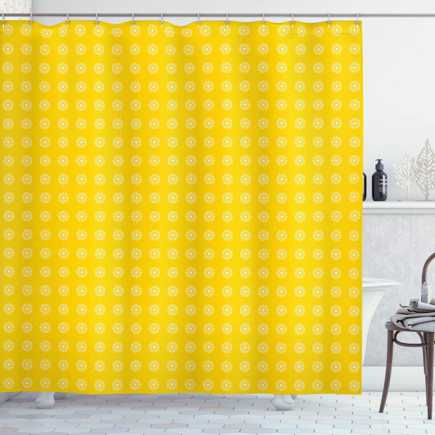 Ambesonne Yellow Retro Flower Shower Curtain Set with 12 Hooks