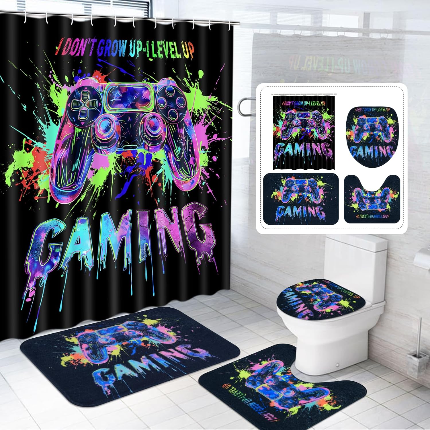 Likiyol 4 Pcs UV Reactive Blacklight Shower Curtain Set with Rugs