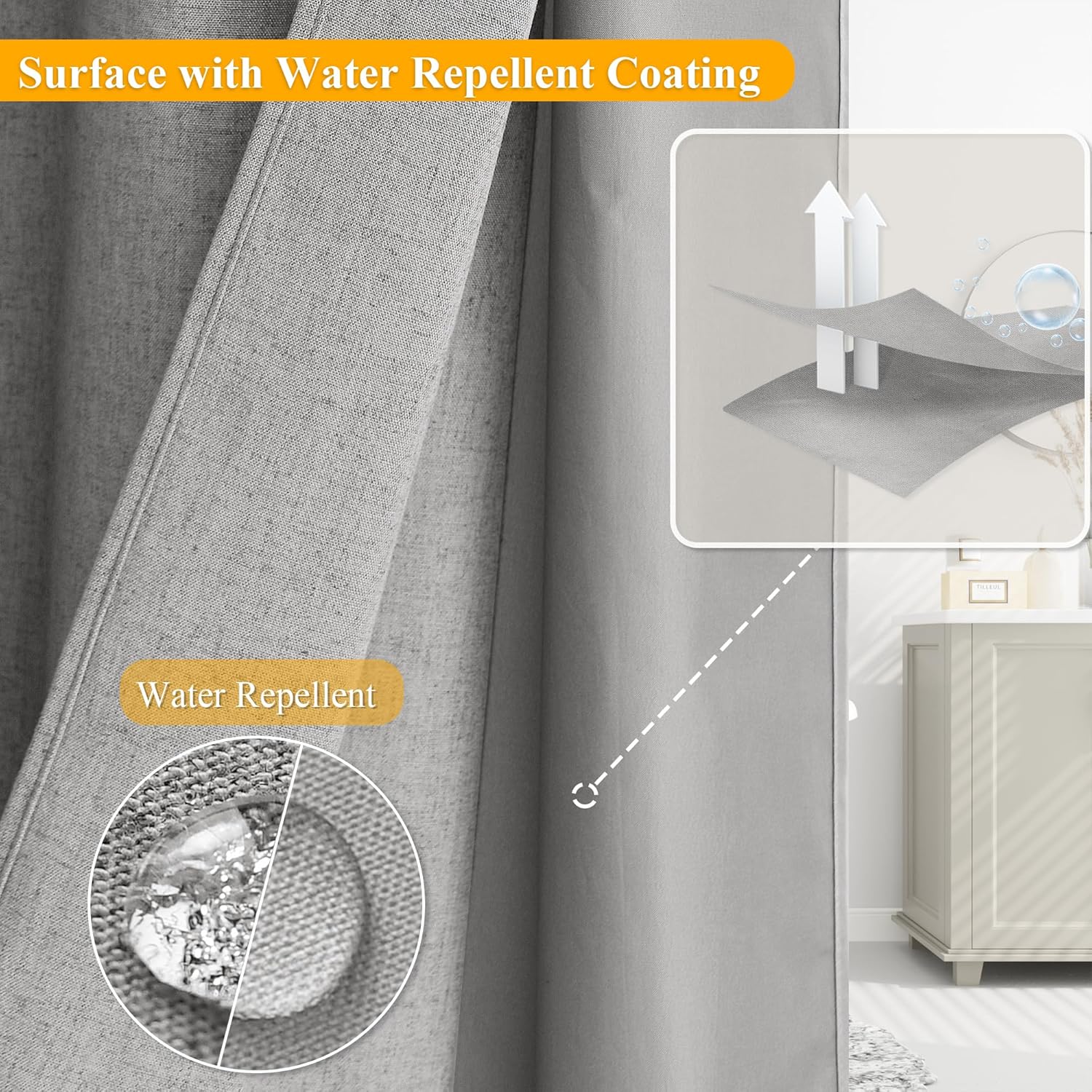 No Hooks Linen Shower Curtain Set Light Grey