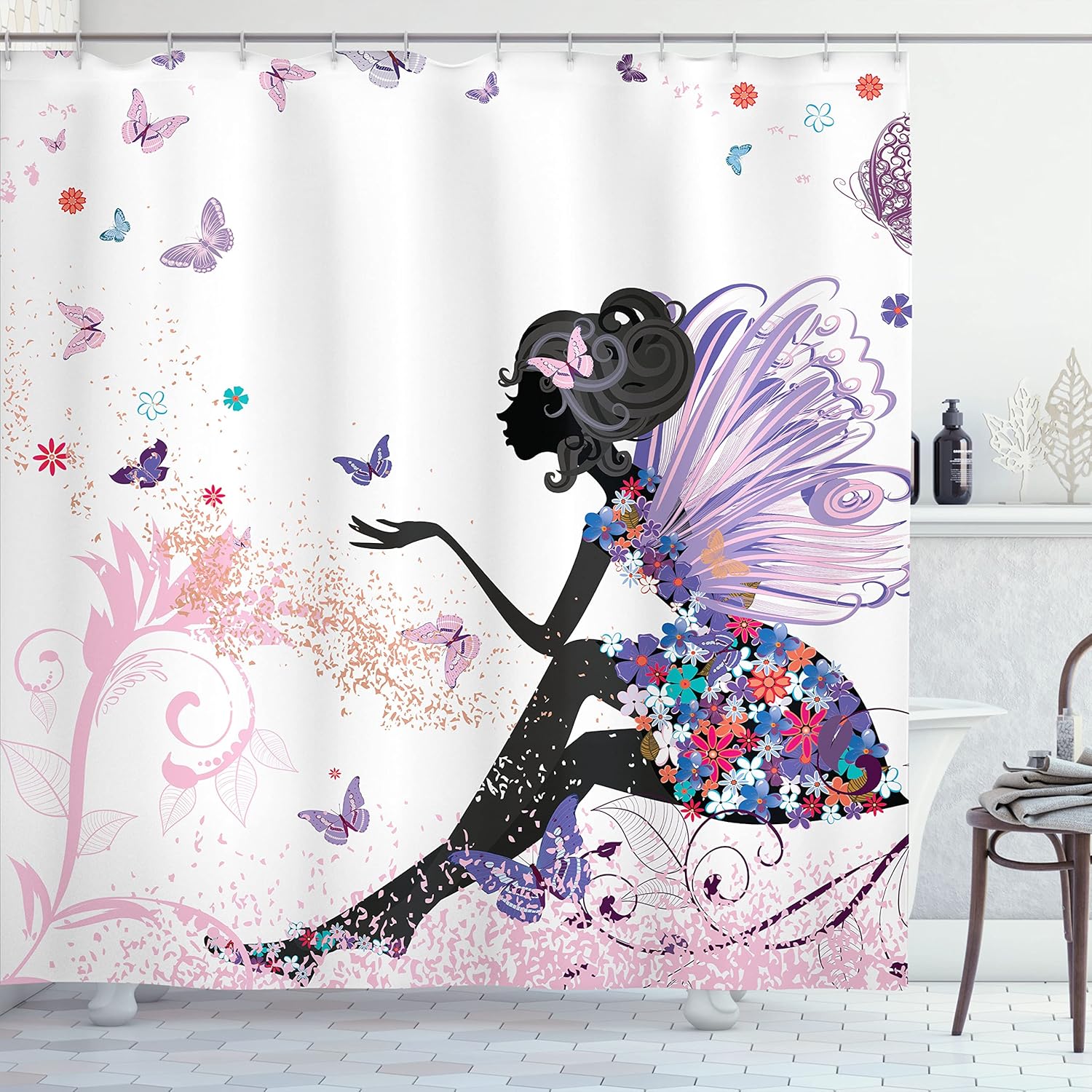 Ambesonne Fantasy Shower Curtain - Spring Girl Wings in Floral Dress
