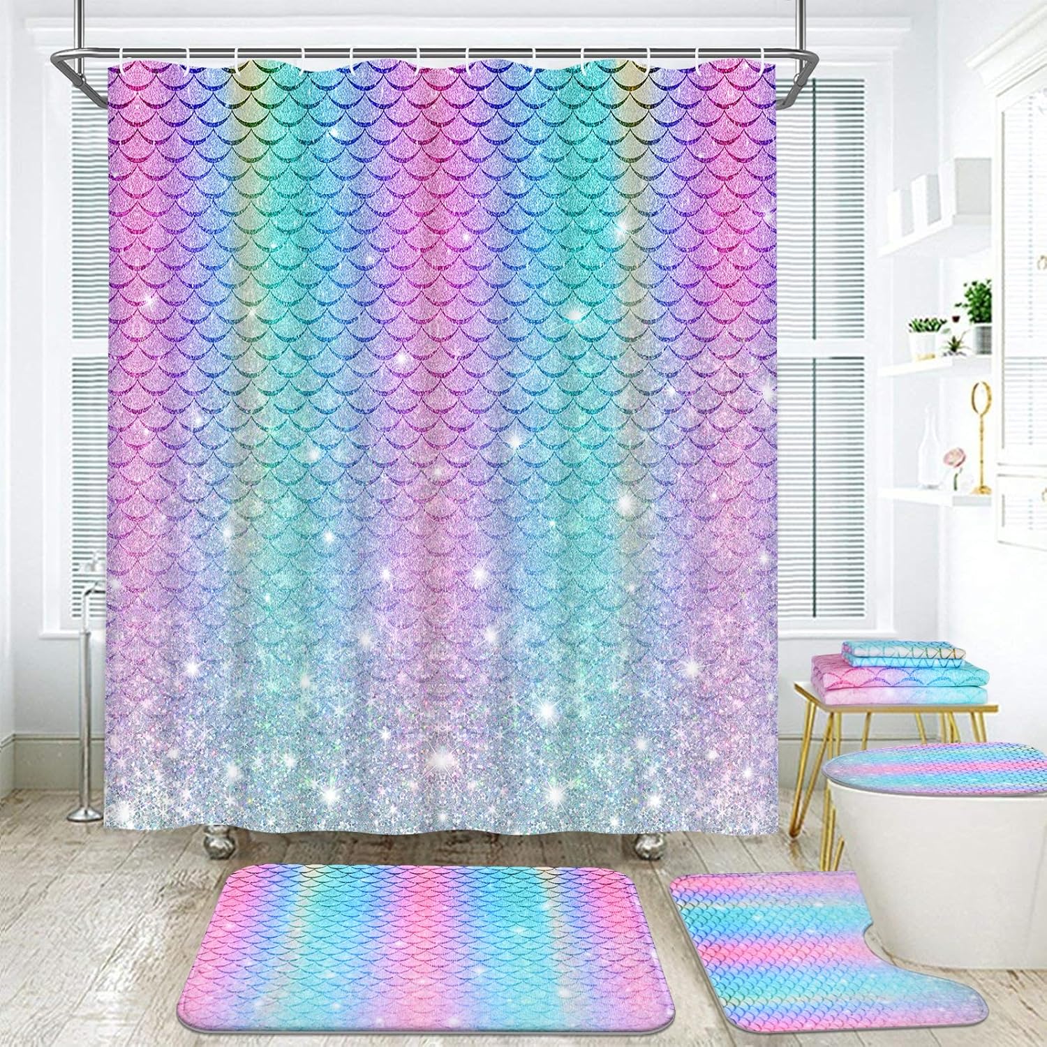 Alishomtll 7 Pcs Mermaid Kids Shower Curtain Set with Rugs and Towels