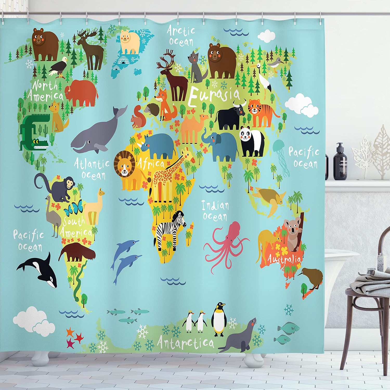 Ambesonne Cartoon World Map Shower Curtain Set