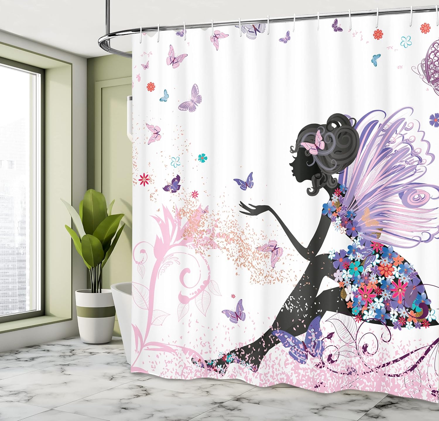 Ambesonne Fantasy Shower Curtain - Spring Girl Wings in Floral Dress