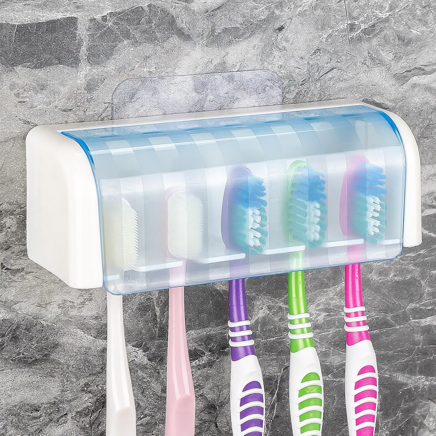 5 Slots Wall Mount Toothbrush Holder with Cover White Blue