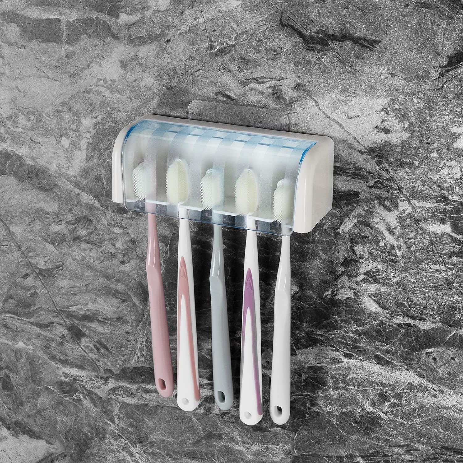 5 Slots Wall Mount Toothbrush Holder with Cover White Blue