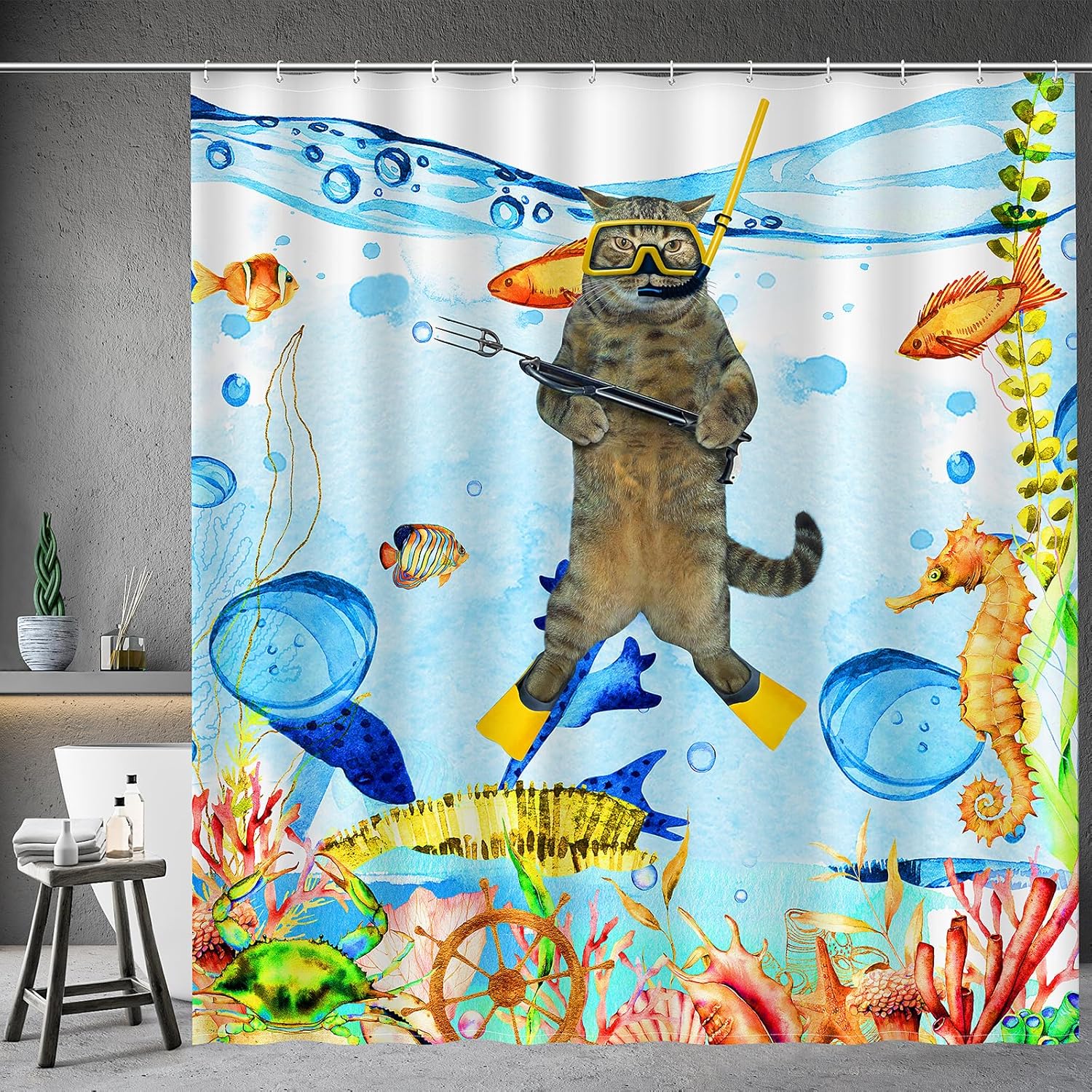 Funny Cat Shower Curtain Set with 12 Hooks 72x72
